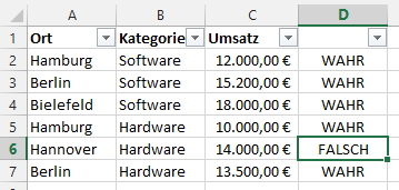 excel filterformel wahr