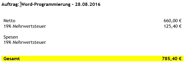 Rechnung mit MwSt und ohne Spesen